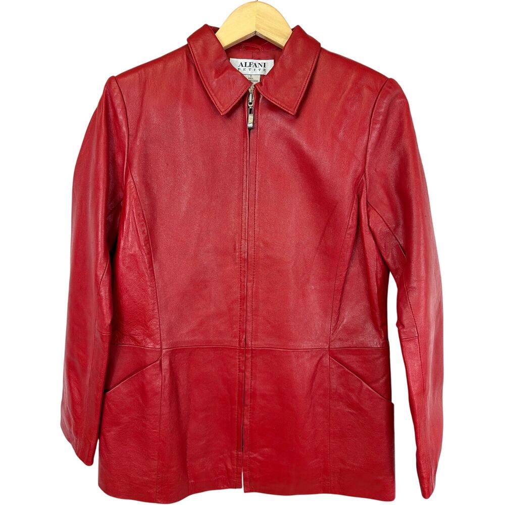 Alfani Red Genuine Lamb Leather Zip Up Moto Pocket Jacket Coat Petite P